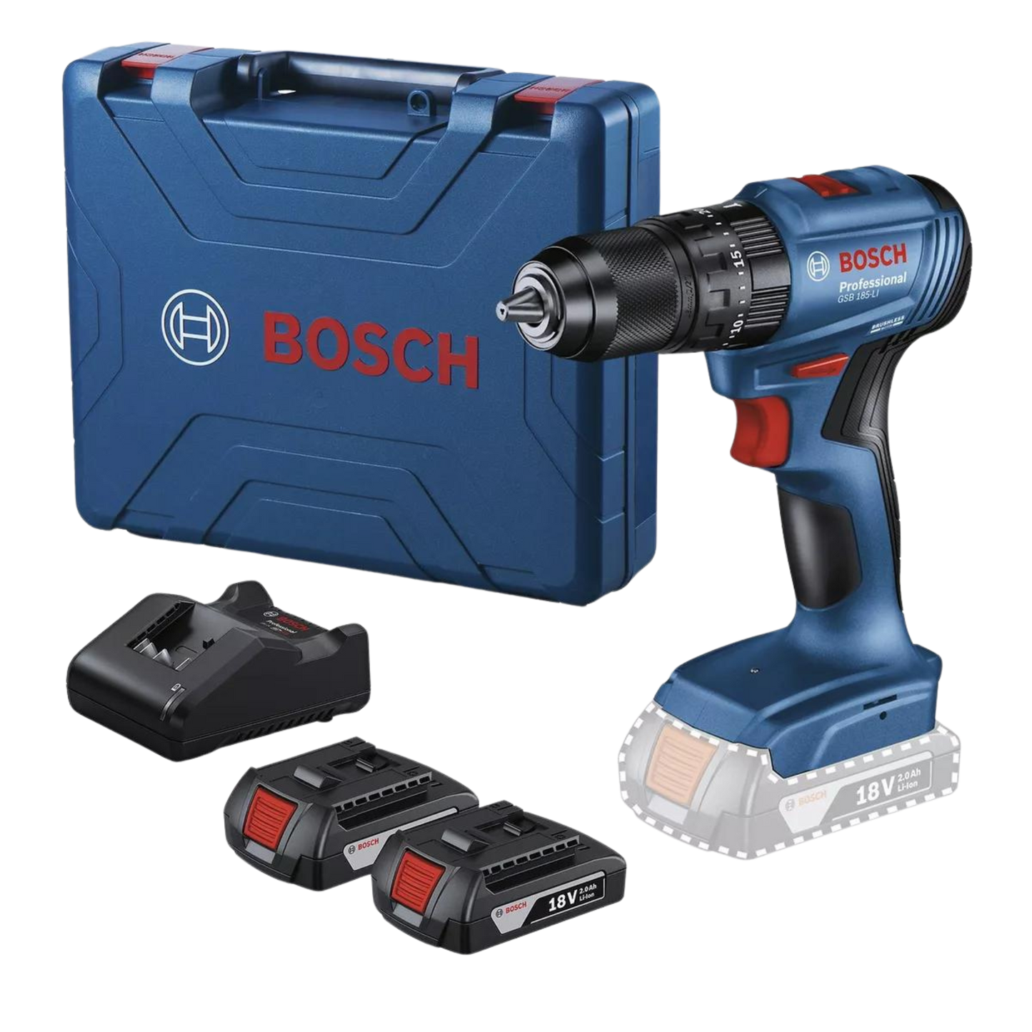 KIT de Taladro Atornillador Inalámbrico Bosch con 2 baterías de íons de lítio, 1 cargador bivolt y maletín de transporte, GSB 185-LI