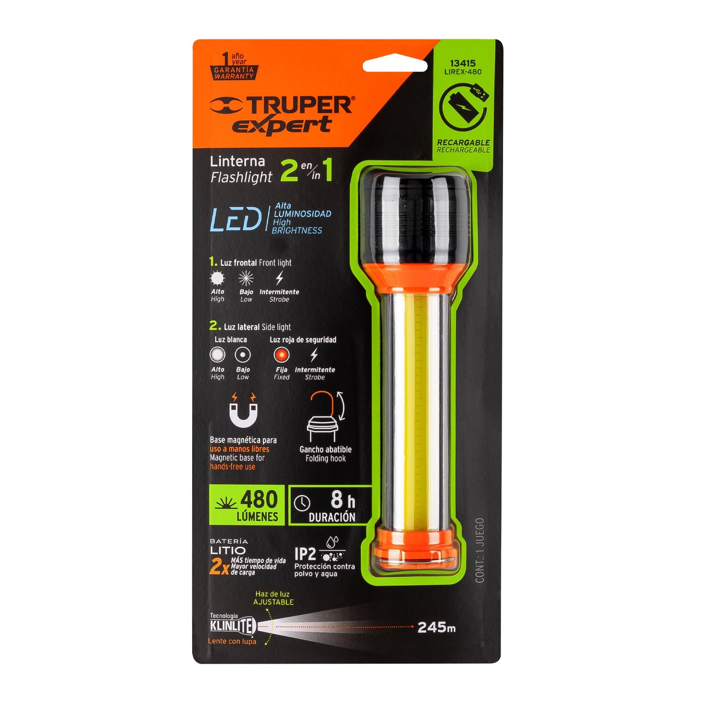 Linterna recargable con luz emergencia, 480lm, 13415 Truper Expert