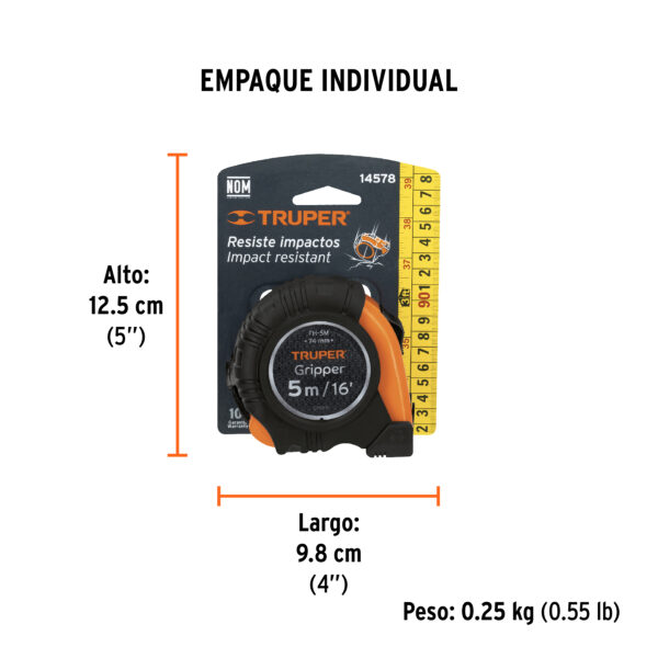 Flexometro Gripper contra impactos 5 m cinta 19 mm, Seguro Truper - Imagen 5