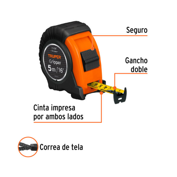 Flexometro Gripper contra impactos 5 m cinta 19 mm, Seguro Truper - Imagen 3