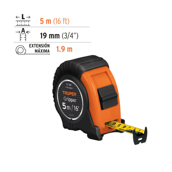 Flexometro Gripper contra impactos 5 m cinta 19 mm, Seguro Truper - Imagen 2
