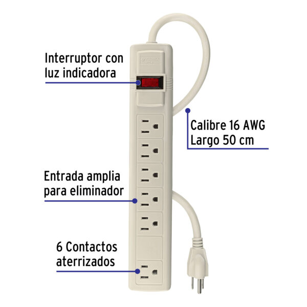Multicontacto 16 AWG uso rudo con 6 entradas, Volteck - Imagen 2