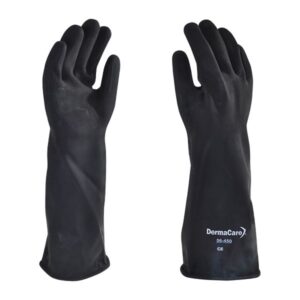 Guante negro de látex de 18 pulgadas, con puño rolado. Guante ideal para el manejo de ácidos cáusticos, el látex ofrece resistencia a gran variedad de agentes químicos en general.