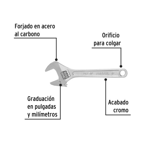 Llave ajustable (perico) 6" cromada, Pretul - Imagen 4